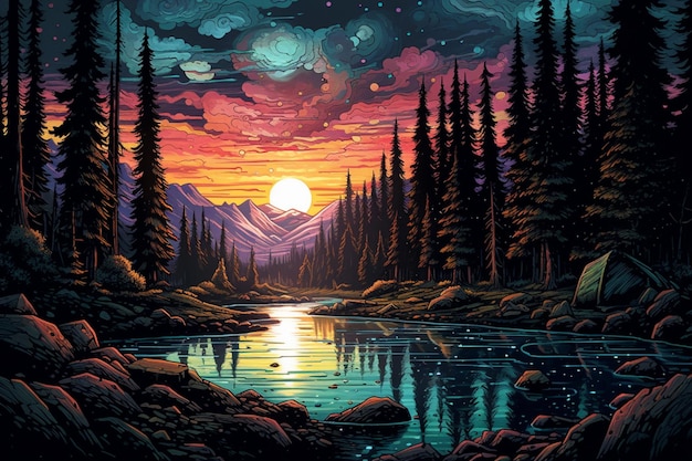 Uma pintura de um lago com montanhas ao fundo.