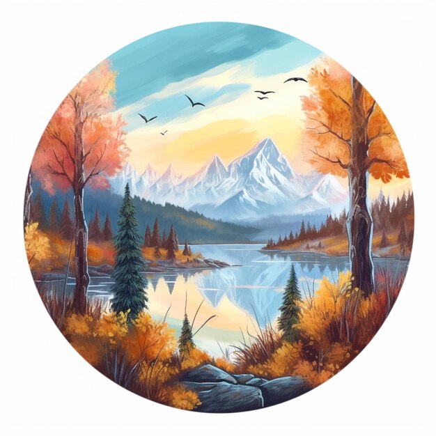 Uma pintura de um lago com montanhas ao fundo