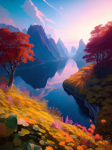 Uma pintura de um lago com montanhas e árvores ao fundo.