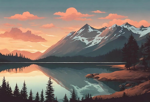 uma pintura de um lago com montanhas e árvores no fundo