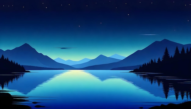 uma pintura de um lago com montanhas no fundo