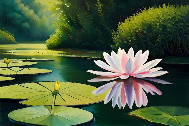 Uma pintura de um lago com nenúfares e flores.