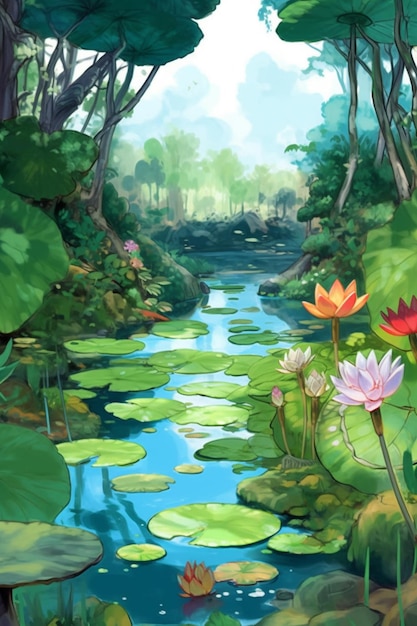 Uma pintura de um lago com nenúfares e uma flor de lótus.