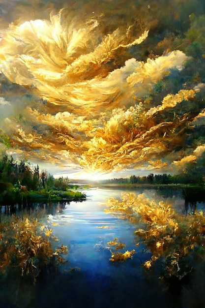 Uma pintura de um lago com nuvens e o sol brilhando por entre as nuvens.