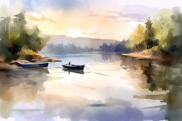 Uma pintura de um lago com um barco na água