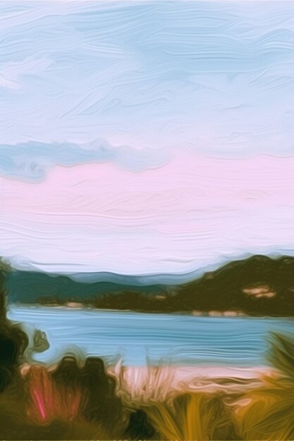 Foto uma pintura de um lago com um céu azul e montanhas ao fundo.