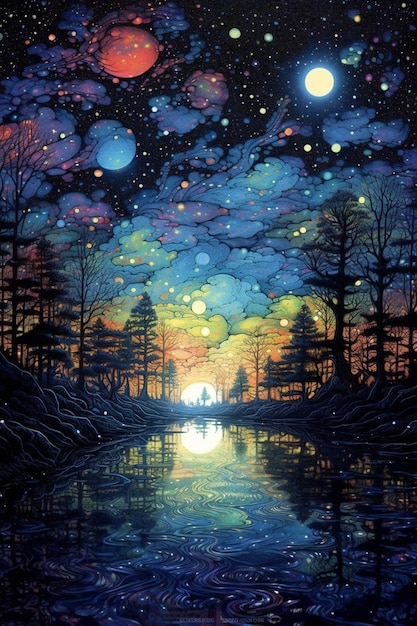 Uma pintura de um lago com um céu estrelado