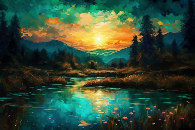 Uma pintura de um lago com um pôr do sol ao fundo.