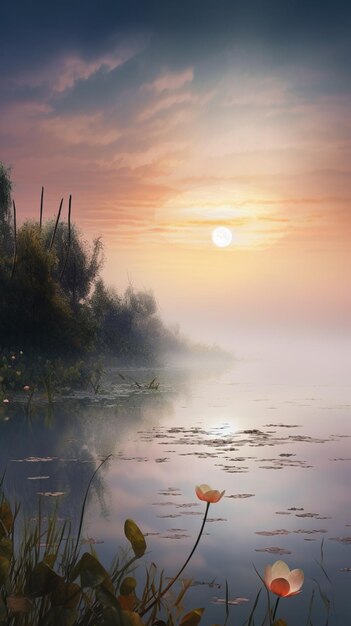 Uma pintura de um lago com um pôr-do-sol no fundo.