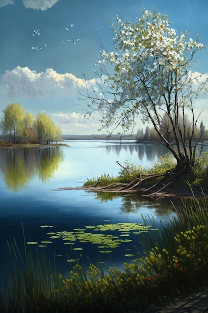 Uma pintura de um lago com uma árvore e flores.