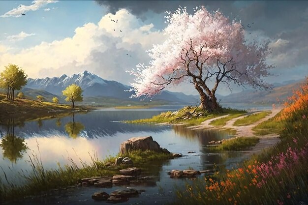 Uma pintura de um lago com uma árvore e um rio de flores