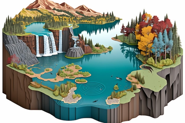 Uma pintura de um lago com uma cachoeira e uma cachoeira.