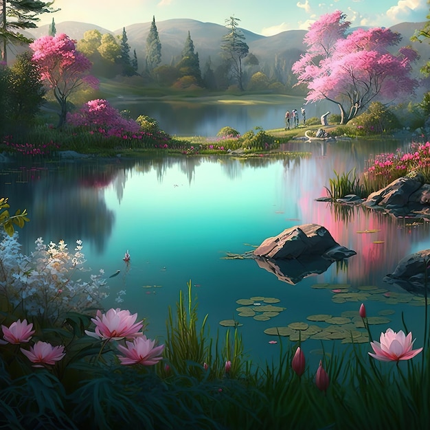 Uma pintura de um lago com uma flor rosa e um lago com um lago ao fundo.