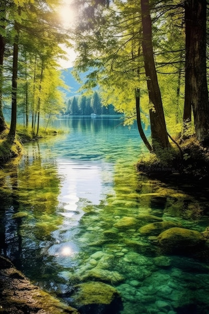 Uma pintura de um lago com uma floresta ao fundo.