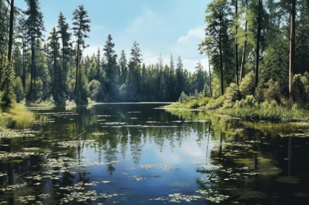 Uma pintura de um lago com uma floresta ao fundo.