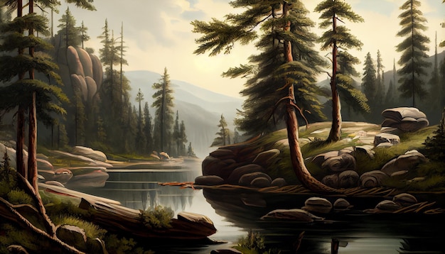 Uma pintura de um lago com uma floresta e montanhas ao fundo.