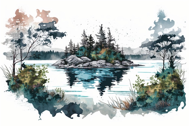 Uma pintura de um lago com uma floresta e uma floresta na água.
