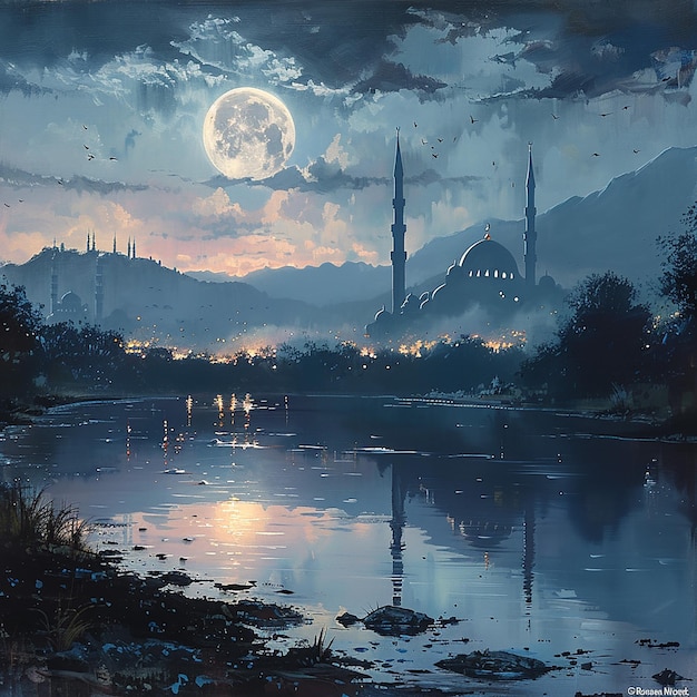 uma pintura de um lago com uma lua cheia e um edifício no fundo