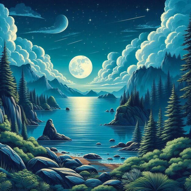 uma pintura de um lago com uma lua cheia no fundo