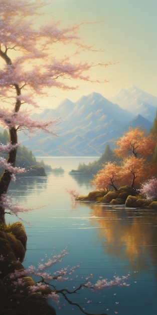 Uma pintura de um lago com uma montanha ao fundo