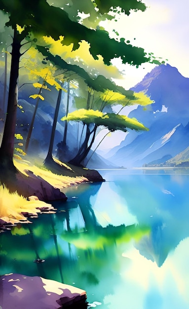 Uma pintura de um lago com uma montanha ao fundo