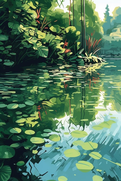 Uma pintura de um lago com uma planta de folhas verdes em primeiro plano.