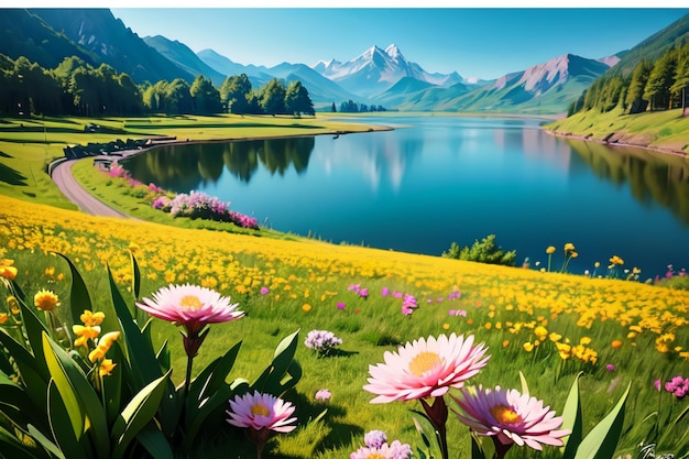 Uma pintura de um lago de montanha com flores e uma montanha ao fundo.