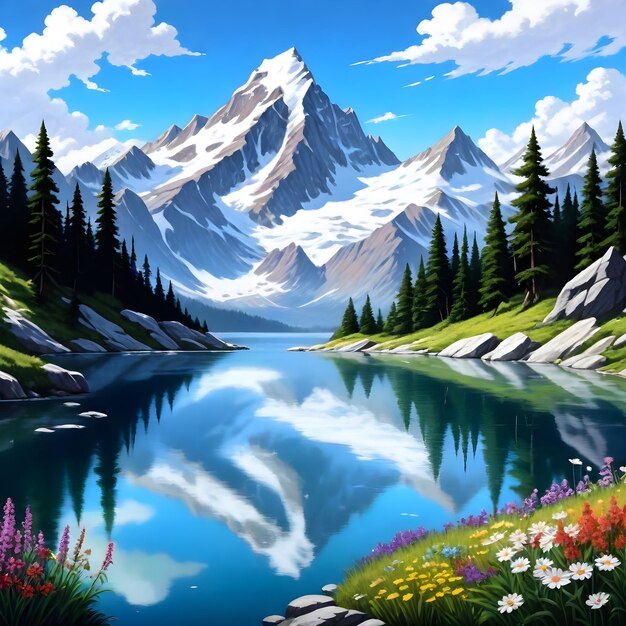 uma pintura de um lago de montanha com um lago e montanhas no fundo