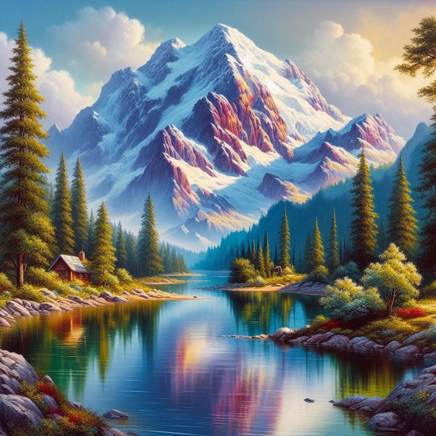 Uma pintura de um lago de montanha com uma montanha ao fundo