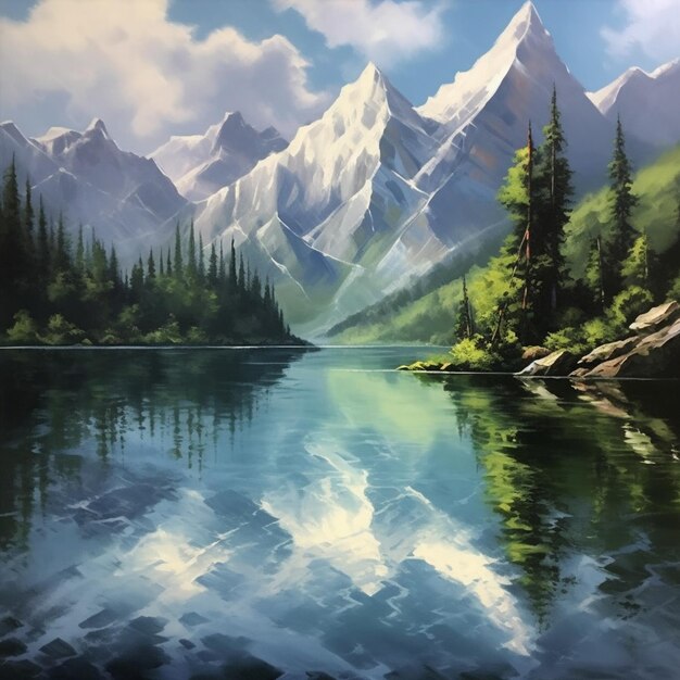 Uma pintura de um lago de montanha com uma montanha ao fundo.