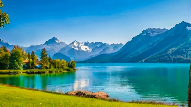 Foto uma pintura de um lago de montanha com uma montanha no fundo