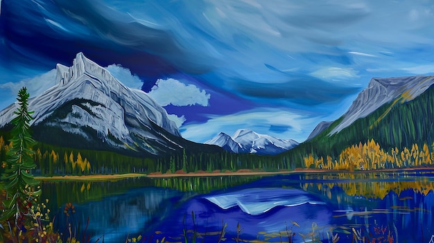Uma pintura de um lago de montanha com uma montanha