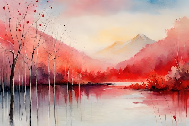 uma pintura de um lago florestal com montanhas ao fundo.