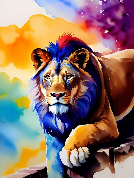 Uma pintura de um leão com cabelo azul e vermelho