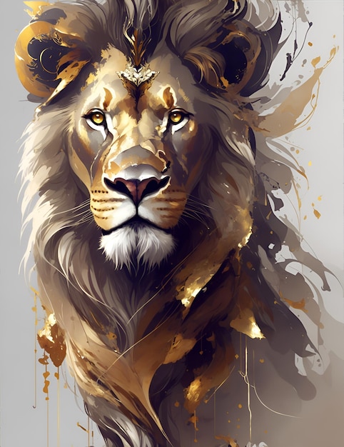 Uma pintura de um leão com detalhes em ouro e prata.