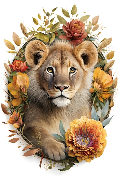 Uma pintura de um leão com flores no centro.