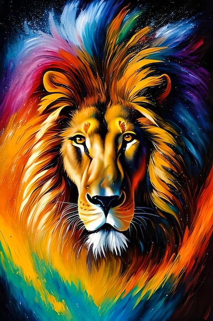 Uma pintura de um leão com uma juba e a palavra leão nela.
