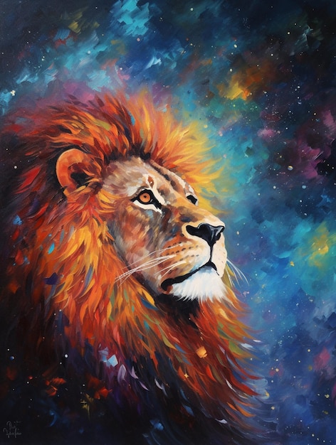 Uma pintura de um leão com uma juba laranja brilhante