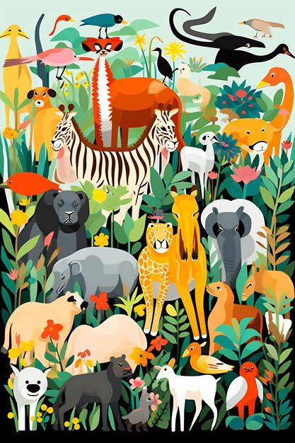 uma pintura de um leão e uma zebra em uma selva com animais