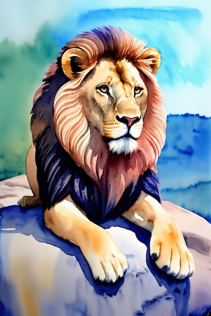Uma pintura de um leão sentado em uma rocha