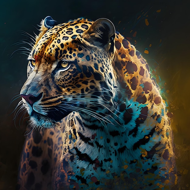 Uma pintura de um leopardo com manchas pretas e azuis.