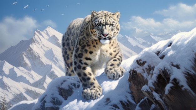 Uma pintura de um leopardo da neve em uma montanha de neve