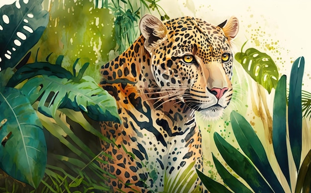 Uma pintura de um leopardo na selva. ilustrações em aquarela para crianças estilo cartoon ai gerado