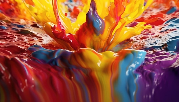 Uma pintura de um líquido colorido do arco-íris está sendo borrifada com tinta vermelha e azul.
