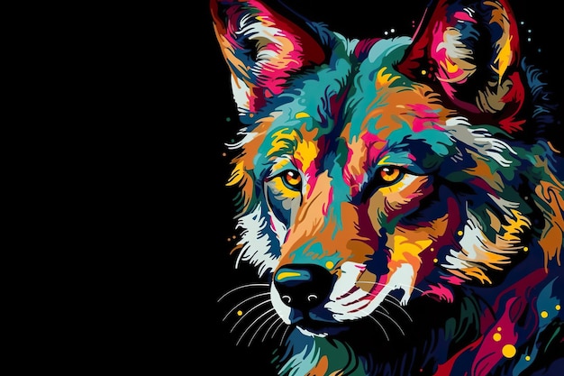 Uma pintura de um lobo colorido em uma imagem ai generativa de fundo preto