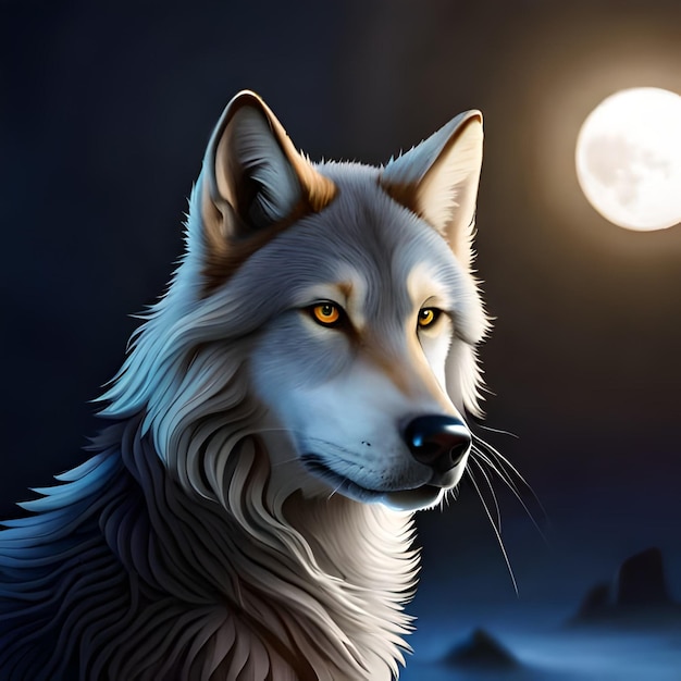 Uma pintura de um lobo com a lua ao fundo.