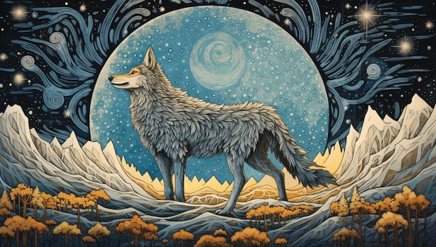 Uma pintura de um lobo com a lua ao fundo.