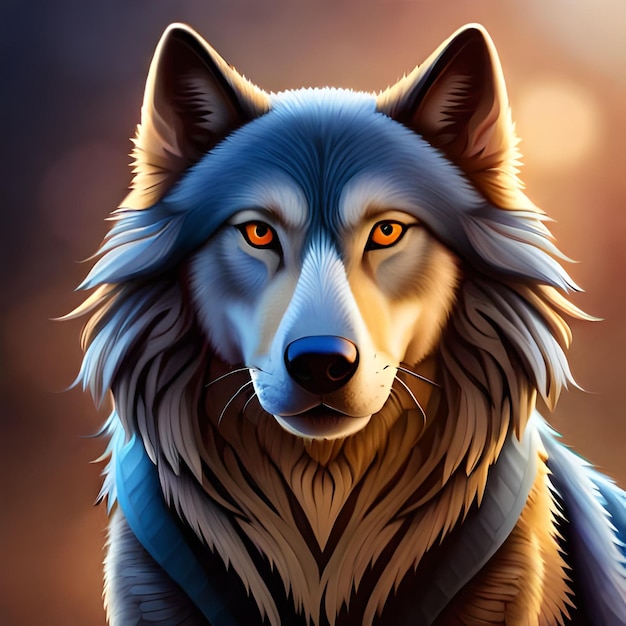 Uma pintura de um lobo com colarinho azul e olhos azuis.