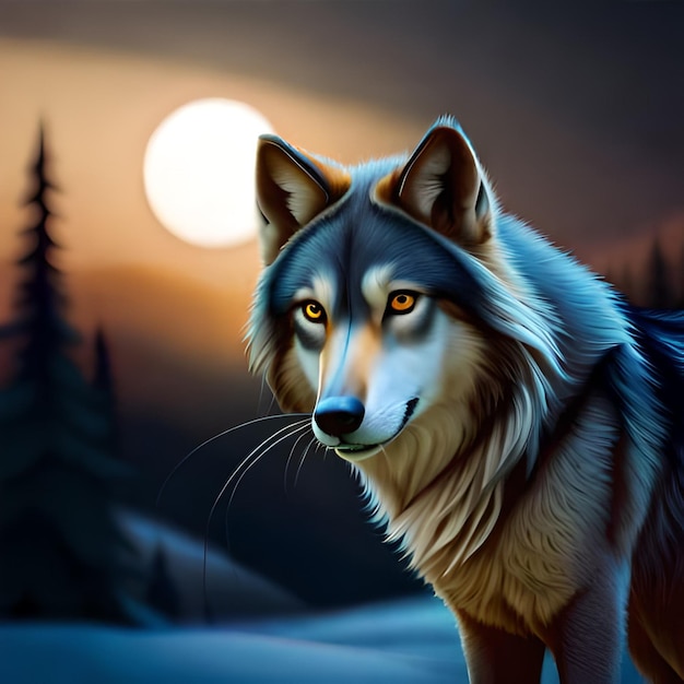 Uma pintura de um lobo com o sol se pondo atrás dele.