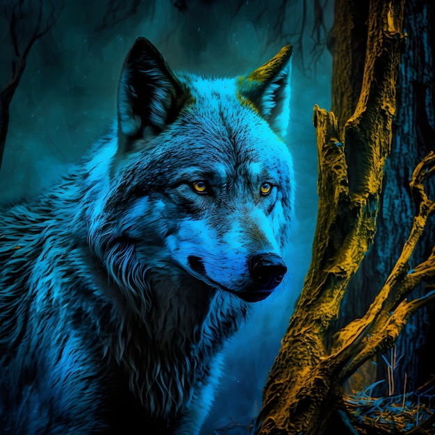 Uma pintura de um lobo com olhos amarelos e fundo azul.